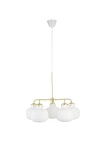 Grote hanglamp Raito van glas, Lampenkap: opaalglas, Decoratie: metaal, Baldakijn: kunststof, Opaalwit, messingkleurig, Ø 67  x H 55 cm