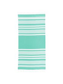 Fouta à rayures avec finition frangée Stripy, Turquoise, blanc