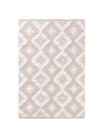 Waschbarer Baumwollteppich Oslo Squares mit Hoch-Tief-Strukturmuster und Fransen, 100% Baumwolle, Cremeweiß, Beige, B 75 x L 150 cm (Größe XS)