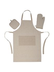 Gestreepte schortset Cappuccino met ovenhandschoen, 3-delig, Beige, wit, B 60 x L 90 cm