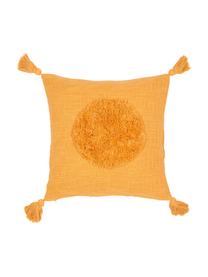 Housse de coussin en coton bio grossièrement tissé à houppes Sun, Jaune