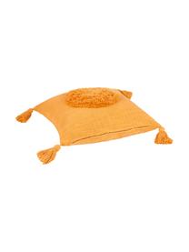 Housse de coussin en coton bio grossièrement tissé à houppes Sun, Jaune