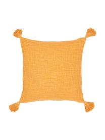 Housse de coussin en coton bio grossièrement tissé à houppes Sun, Jaune