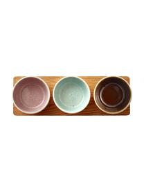 Set de cuencos con bandeja de madera Bizz, 4 pzas., Cuencos: gres, Bandeja: madera, Beige claro, marrón, An 33 x F 11 cm