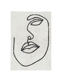 Handgeknoopt katoenen vloerkleed Visage met abstracte one line tekening, 100% biokatoen, Gebroken wit, zwart, B 90 x L 120 cm (maat XS)