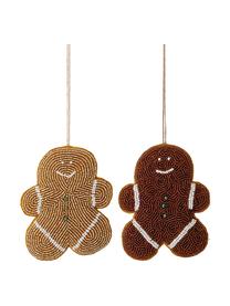 Kerstboomhangersset Cookie H 13 cm, 2 stuks, Glazen kralen, katoen, Bruin, goudkleurig, wit, geel, 10 x 13 cm