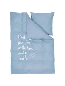 Bavlnená posteľná bielizeň s nápisom Smile with Love, Modrá, biela
