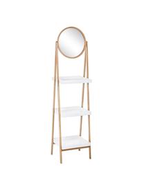 Estantería escalera Audrey, con espejo, Estructura: madera de bambú, Estante: tablero de fibras de dens, Beige, blanco, An 40 x Al 163 cm