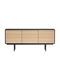 Dressoir Stripe met eikenhoutfineer, Frame: MDF met eikenhoutfineer, Poten: gepoedercoat metaal, Eikenhoutkleurig, zwart, 161 x 70 cm