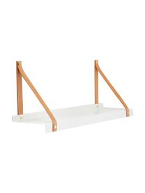 Metalen wandplank Shelfie met leren riemen, Plank: gepoedercoat metaal, Riemen: leer, Wit, bruin, 50 x 23 cm