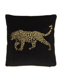 Geborduurd fluwelen kussen Majestic Leopard in zwart/goudkleur, met vulling, 100% fluweel (polyester), Zwart, goudkleurig, 45 x 45 cm