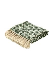 Plaid in cotone con frange Leaves, 100% cotone, Verde, color crema, Larg. 130 x Lung. 170 cm