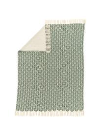 Plaid in cotone con frange Leaves, 100% cotone, Verde, color crema, Larg. 130 x Lung. 170 cm