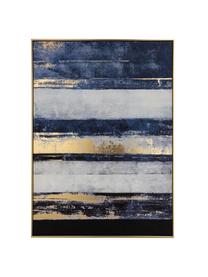 Leinwanddruck Strokes, Rahmen: Kiefernholz, Kunststoff, , Bild: Leinwand, Blau, Weiss, Goldfarben, 103 x 143 cm