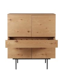 Highboard Allure mit Schublade und Türen aus Eichenholzfurnier, Korpus: Spannplatte mit Eichenhol, Füße: Metall, lackiert, Hellbraun, Schwarz, B 100 x H 120 cm