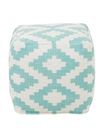 Pouf motif ethnique tissé main Napua, Turquoise, écru, larg. 40 x haut. 40 cm