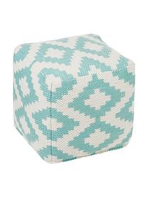 Pouf motif ethnique tissé main Napua, Turquoise, écru, larg. 40 x haut. 40 cm