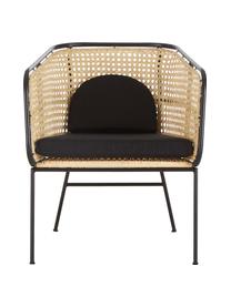 Loungestoel Merete met Weens vlechtwerk, Zitvlak: rotan, Frame: gepoedercoat metaal, Zitvlak: rotankleurig. Frame: mat zwart. Kussenhoezen: zwart, B 72 x D 74 cm