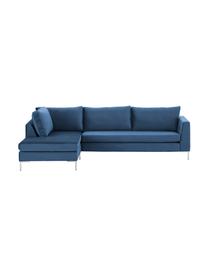 Samt-Ecksofa Luna in Blau mit Metall-Füßen, Bezug: Samt (Polyester) 80.000 S, Gestell: Massives Buchenholz, Füße: Metall, galvanisiert, Samt Blau, Silber, B 280 x T 184 cm