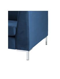 Divano angolare in velluto blu Luna, Rivestimento: velluto (100% poliestere), Struttura: legno di faggio massiccio, Piedini: metallo, zincato, Velluto blu, argento, Larg. 280 x Prof. 184 cm