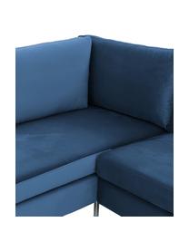 Divano angolare in velluto blu Luna, Rivestimento: velluto (100% poliestere), Struttura: legno di faggio massiccio, Piedini: metallo, zincato, Velluto blu, argento, Larg. 280 x Prof. 184 cm