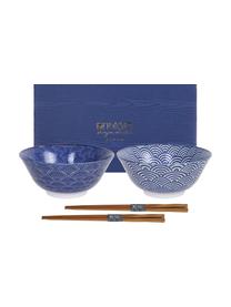 Handgemaakte porseleinen schalen Nippon in blauw/wit met eetstokjes, set van 4, Blauw, wit, bruin, Set met verschillende formaten