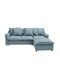 Divano letto angolare in tessuto blu grigio con contenitore Mona, Rivestimento: 100% poliestere idrorepel, Struttura: legno, truciolato, Piedini: plastica, Blu grigio, Larg. 230 x Prof. 170 cm