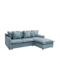 Divano letto angolare in tessuto blu grigio con contenitore Mona, Rivestimento: 100% poliestere idrorepel, Struttura: legno, truciolato, Piedini: plastica, Blu grigio, Larg. 230 x Prof. 170 cm