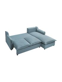 Divano letto angolare in tessuto blu grigio con contenitore Mona, Rivestimento: 100% poliestere idrorepel, Struttura: legno, truciolato, Piedini: plastica, Blu grigio, Larg. 230 x Prof. 170 cm