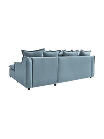 Divano letto angolare in tessuto blu grigio con contenitore Mona, Rivestimento: 100% poliestere idrorepel, Struttura: legno, truciolato, Piedini: plastica, Blu grigio, Larg. 230 x Prof. 170 cm