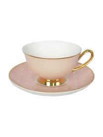 Teetasse mit Untertasse Spotty mit Goldelementen und Punkten, Bone China, vergoldet, Rosa, Weiß<br>Rand und Henkel: Gold, Ø 15 x H 6 cm