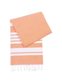Gestreiftes Hamamtuch Stripy mit Fransenabschluss, 100% Baumwolle
Sehr leichte Qualität, 185 g/m², Orange, Weiß, 95 x 175 cm