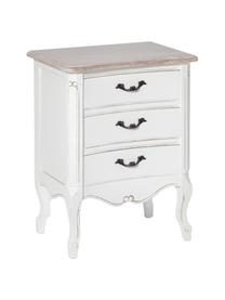 Comodino in legno di paulonia con 3 cassetti Provenza, Maniglie: metallo, Paralume: beige, bianco Base della lampada: bianco opaco Cavo: bianco, Larg. 50 x Prof. 33 cm