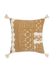 Boho kussenhoes Boa met hoog-laag patroon en kwastjes, 100% katoen, Geel, wit, 45 x 45 cm