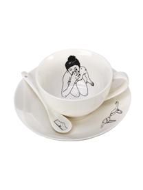 Set 4 tazzine da caffè dipinte a mano con piattino e cucchiaino Undressed, Porcellana, Bianco latte, Ø 10 x Alt. 6 cm, 220 ml