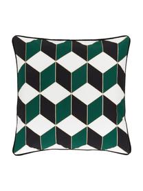 Kussenhoes met patroon Geo met zwarte bies, 100% katoen, Crèmewit, groen, goudkleurig, 45 x 45 cm