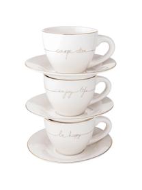 Teetassen Happy mit Untertasse mit goldener Aufschrift, 3er-Set, Porzellan, Weiss, Goldfarben, Ø 15 x H 8 cm