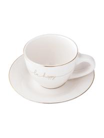 Teetassen Happy mit Untertasse mit goldener Aufschrift, 3er-Set, Porzellan, Weiß, Goldfarben, Ø 15 x H 8 cm