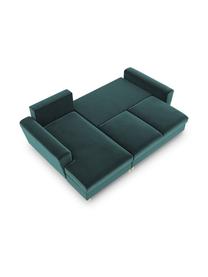 Fluwelen hoekbank Moghan (3-zits) met slaapfunctie en opbergruimte, Bekleding: 100% polyester fluweel He, Frame: massief grenenhout, spaan, Fluweel petrol, goudkleurig, B 241 x D 145 cm, hoekdeel links