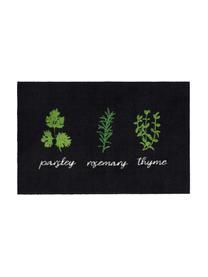 Wasbare polyamide deurmat Herbs, Bovenzijde: polyamide, Onderzijde: latex gel-schuim, Zwart, groen, wit, 50 x 75 cm