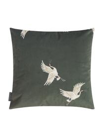 Dubbelzijdige fluwelen kussenhoes Cranes, Bedrukt polyesterfluweel, Groen, beige, zwart, rood, 50 x 50 cm