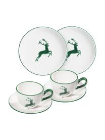 Handgemaakt koffieservies Grüner Hirsch, 2 personen (6 stuks), Keramiek, Wit, groen, Set met verschillende formaten