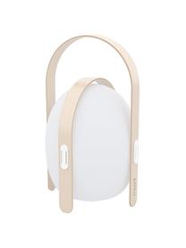 Mobiele outdoor LED lamp Ovo, Lampenkap: kunststof, Frame: iepenhout met berkenhoutf, Wit, lichtbruin, Ø 24 x H 39 cm