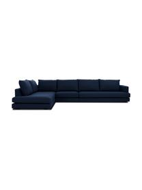 Sofa narożna XXL Tribeca, Tapicerka: poliester Dzięki tkaninie, Stelaż: lite drewno sosnowe, Nogi: lite drewno sosnowe, laki, Ciemnoniebieska tkanina, S 405 x G 228 cm