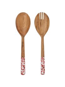 Set 2 posate da insalata in legno di acacia, Legno di acacia, Marrone, rosso, bianco, Lunghezza 30 cm