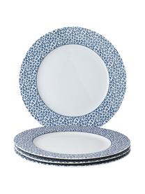 Dinerbord Candy Rose met blauw patroon, 4 stuks, Beenderporselein, Wit, blauw, Ø 26 cm