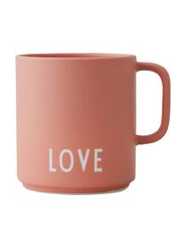 Design Kaffeetasse Favourite LOVE in Terrakotta mit Schriftzug, Fine Bone China (Porzellan), Terrakotta, Weiß, Ø 10 x H 9 cm