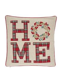 Geborduurde kussenhoes Wreath met opschrift, 100% katoen, Beige, rood, groen;  Bies: rood, 45 x 45 cm