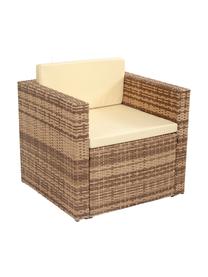 Salotto da giardino Beigi 4 pz, Struttura: rattan sintetico, Sottostruttura: metallo, Rivestimento: tessuto, Piano del tavolo: vetro, Marrone, Set in varie misure