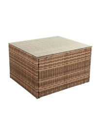 Salotto da giardino Beigi 4 pz, Struttura: rattan sintetico, Sottostruttura: metallo, Rivestimento: tessuto, Piano del tavolo: vetro, Marrone, Set in varie misure